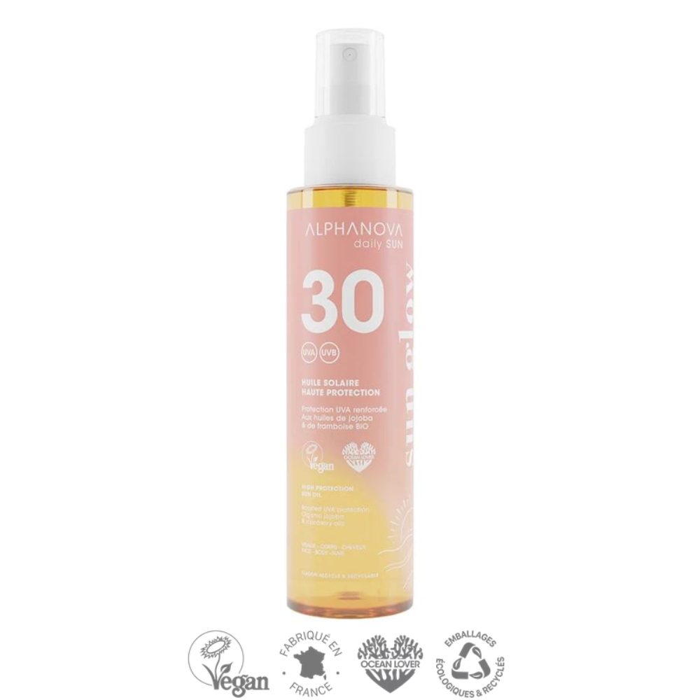 ALPHANOVA DAILY SUN SPF30 veekindel sprei päevitusõli vaarikaseemne ja jojobaõliga monoi lõhnaga 125 ml