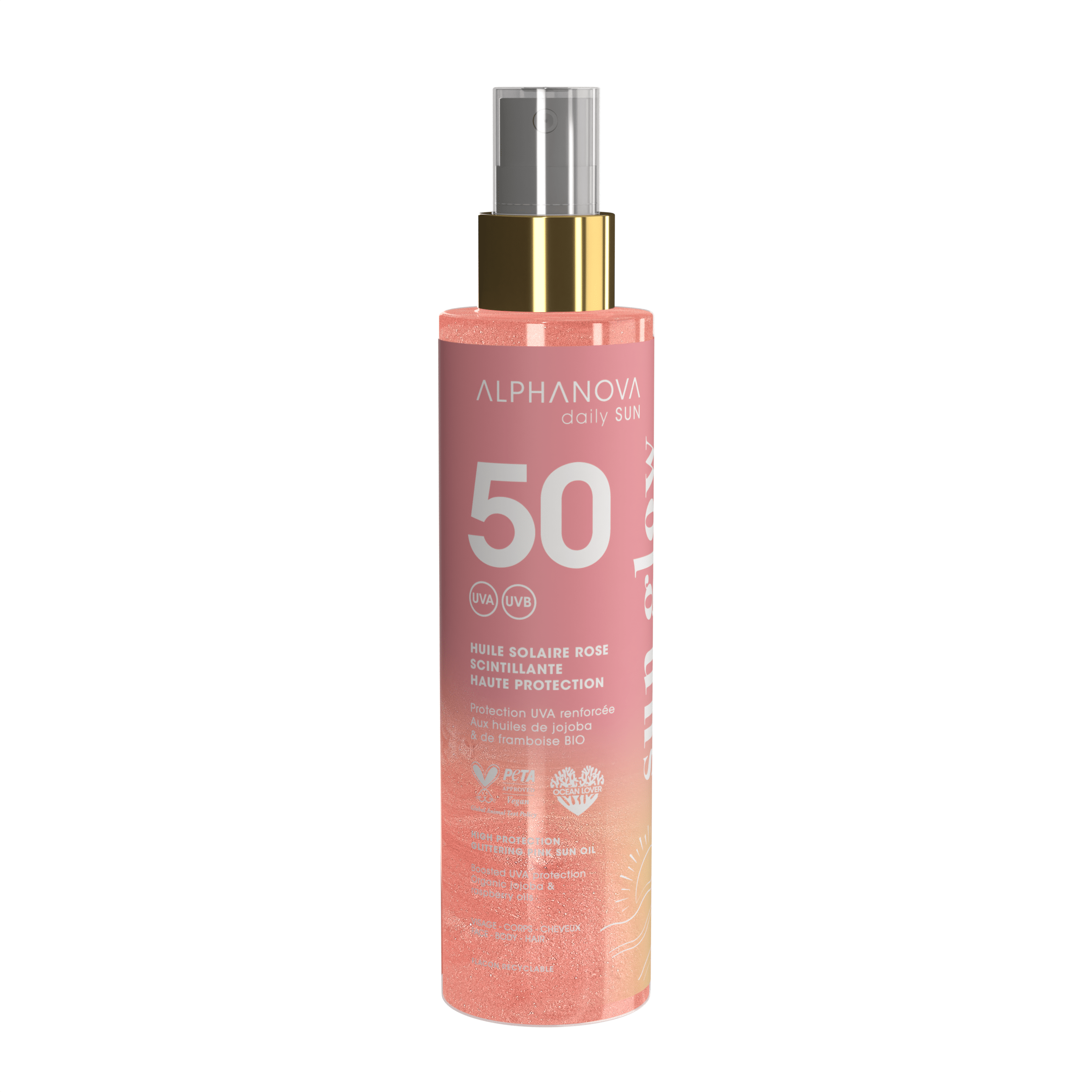 ALPHANOVA DAILY SUN SPF50 säraosakestega päikesekaitseõli vaarikaseemneõliga ja monoi lõhnaga 125 ml