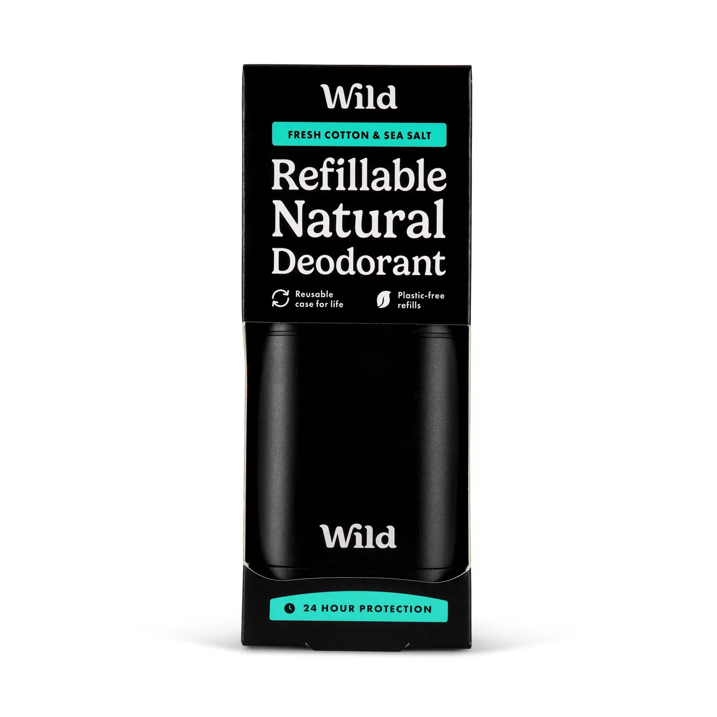 Wild taastäidetav naturaalne pulkdeodorant ümbrisega Black/Fresh Cotton & Sea Salt